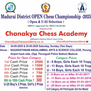 Madurai District OPEN Chess Championship 2025 (Open & U25 Selection)